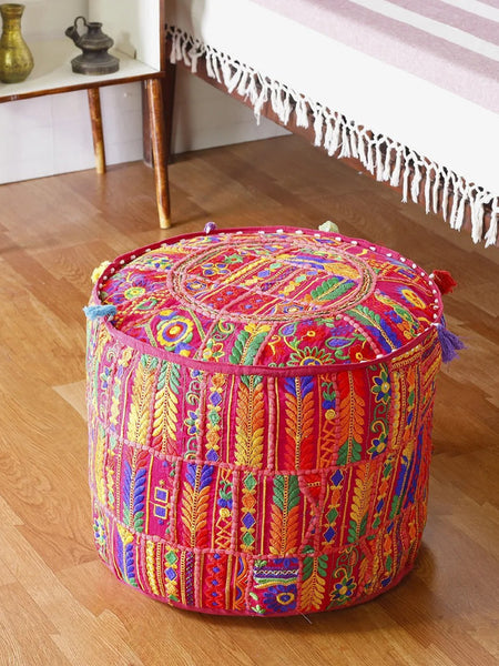 Handmade Bohemian Patchwork Cotton Ottoman Pouf Cover - Multicolor Traditional Khambariya Embroidered Indian Floor Pillow, Vintage Footstool, Hippie Gypsy Home Decor - 5