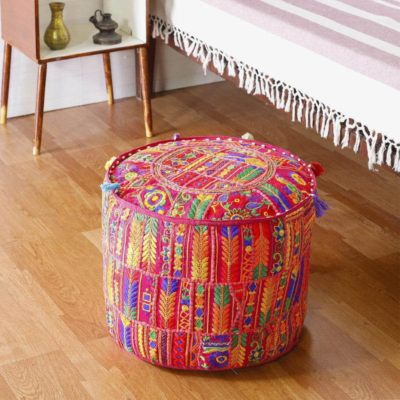 Handmade Bohemian Patchwork Cotton Ottoman Pouf Cover - Multicolor Traditional Khambariya Embroidered Indian Floor Pillow