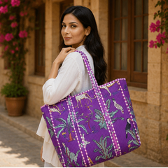 Hand-Printed Cotton Purple Beach Tote | Reversible Quilted Bag for Women