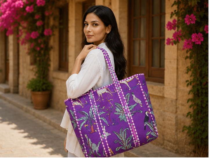 Hand-Printed Cotton Purple Beach Tote | Reversible Quilted Bag for Women
