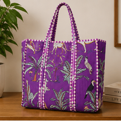 Hand-Printed Cotton Purple Beach Tote | Reversible Quilted Bag for Women