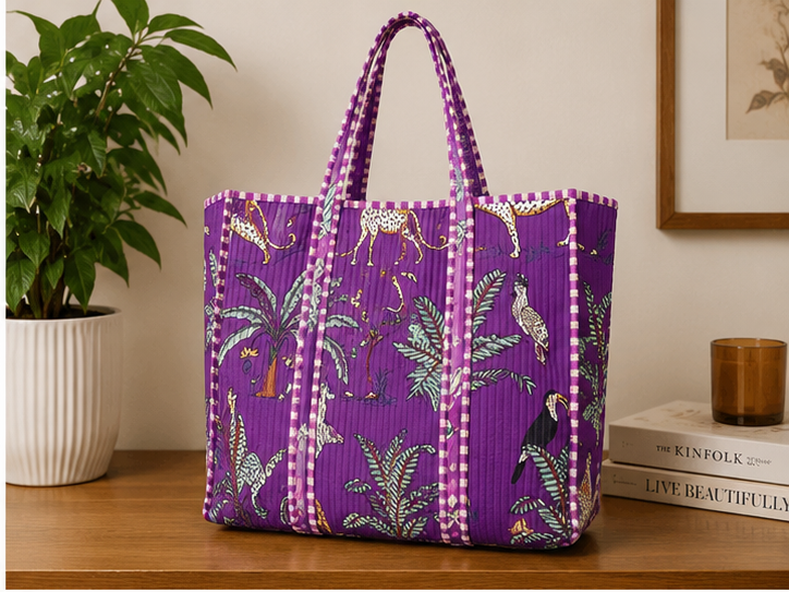 Hand-Printed Cotton Purple Beach Tote | Reversible Quilted Bag for Women