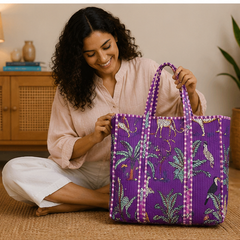 Hand-Printed Cotton Purple Beach Tote | Reversible Quilted Bag for Women