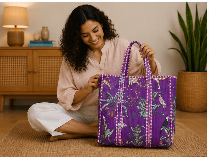 Hand-Printed Cotton Purple Beach Tote | Reversible Quilted Bag for Women