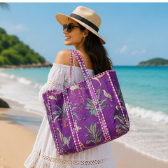 Hand-Printed Cotton Purple Beach Tote | Reversible Quilted Bag for Women