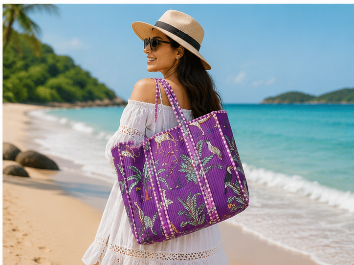 Hand-Printed Cotton Purple Beach Tote | Reversible Quilted Bag for Women