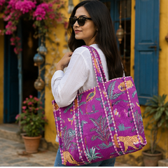 Hand-Printed Cotton Beach Tote | Purple Jungle Print Reversible Quilted Bag for Women - kraafty-com