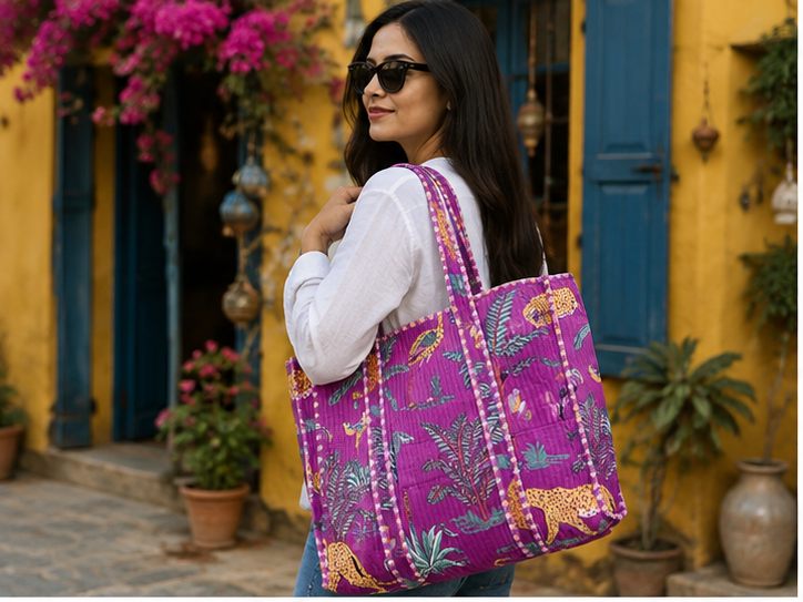 Hand-Printed Cotton Beach Tote | Purple Jungle Print Reversible Quilted Bag for Women - kraafty-com
