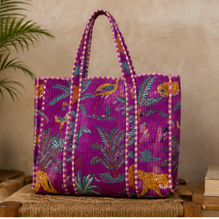Hand-Printed Cotton Beach Tote | Purple Jungle Print Reversible Quilted Bag for Women - kraafty-com