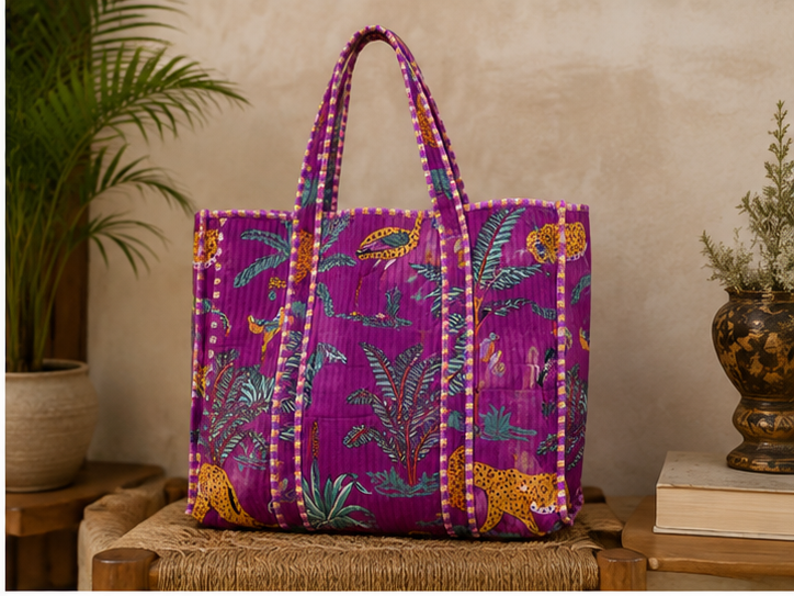 Hand-Printed Cotton Beach Tote | Purple Jungle Print Reversible Quilted Bag for Women - kraafty-com