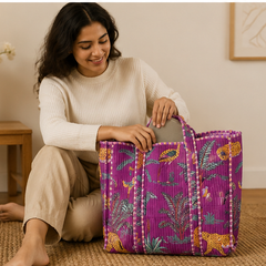 Hand-Printed Cotton Beach Tote | Purple Jungle Print Reversible Quilted Bag for Women - kraafty-com
