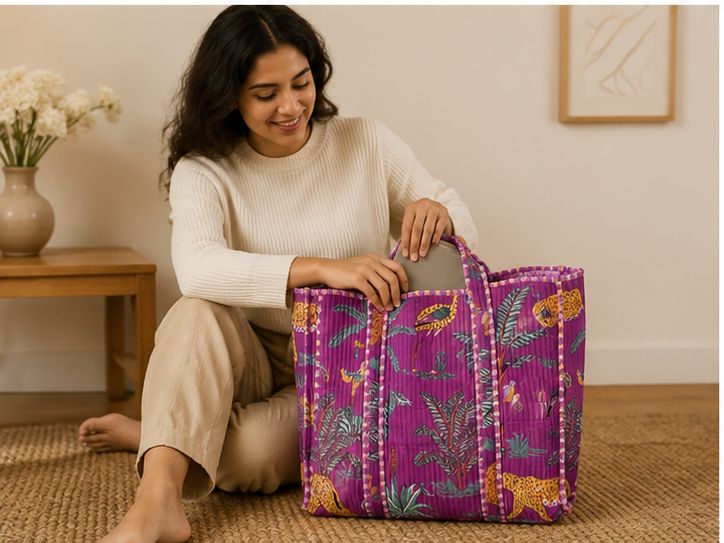Hand-Printed Cotton Beach Tote | Purple Jungle Print Reversible Quilted Bag for Women - kraafty-com