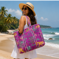 Hand-Printed Cotton Beach Tote | Purple Jungle Print Reversible Quilted Bag for Women - kraafty-com