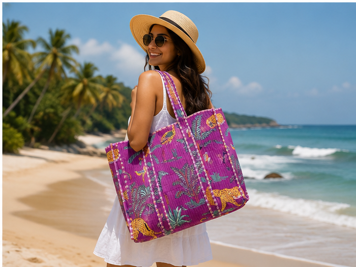Hand-Printed Cotton Beach Tote | Purple Jungle Print Reversible Quilted Bag for Women - kraafty-com