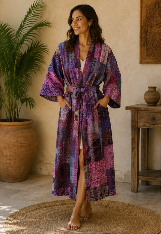 Vintage Kantha Kimono Robe — Handmade Cotton Dressing Purple Gown