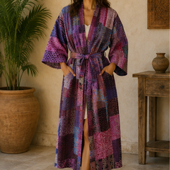 Vintage Kantha Kimono Robe — Handmade Cotton Dressing Purple Gown
