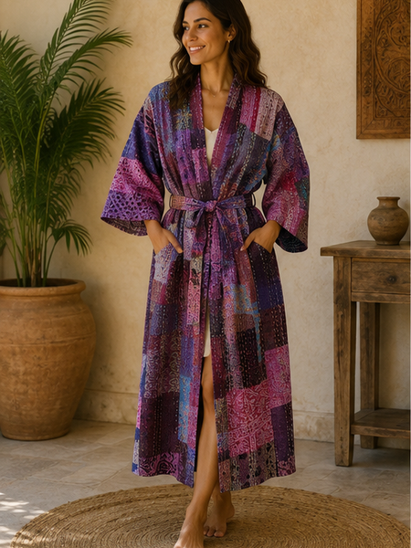 Vintage Kantha Kimono Robe — Handmade Cotton Dressing Purple Gown