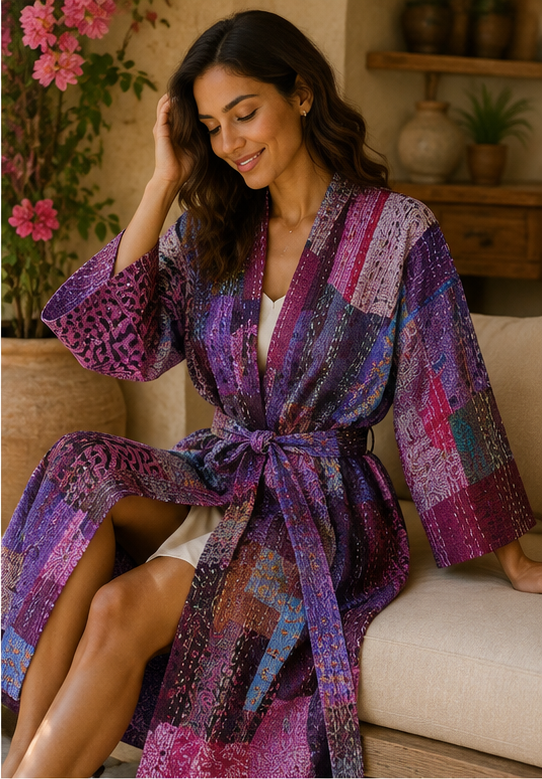 Vintage Kantha Kimono Robe — Handmade Cotton Dressing Purple Gown