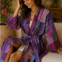 Vintage Kantha Kimono Robe — Handmade Cotton Dressing Purple Gown
