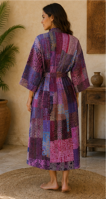 Vintage Kantha Kimono Robe — Handmade Cotton Dressing Purple Gown