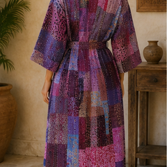 Vintage Kantha Kimono Robe — Handmade Cotton Dressing Purple Gown