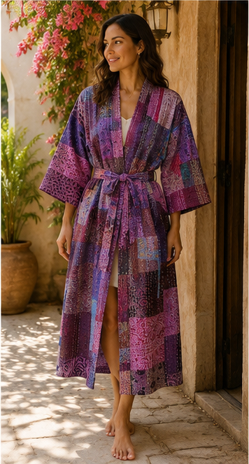 Vintage Kantha Kimono Robe — Handmade Cotton Dressing Purple Gown