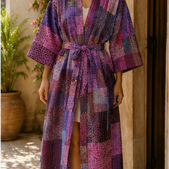 Vintage Kantha Kimono Robe — Handmade Cotton Dressing Purple Gown