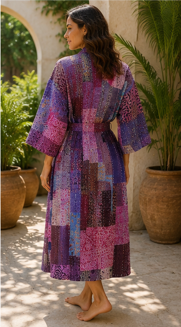 Vintage Kantha Kimono Robe — Handmade Cotton Dressing Purple Gown