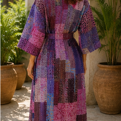 Vintage Kantha Kimono Robe — Handmade Cotton Dressing Purple Gown