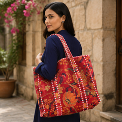 Handmade Quilted Tote Bag | 100% Cotton, Reversible, Beach & Grocery Red Bag