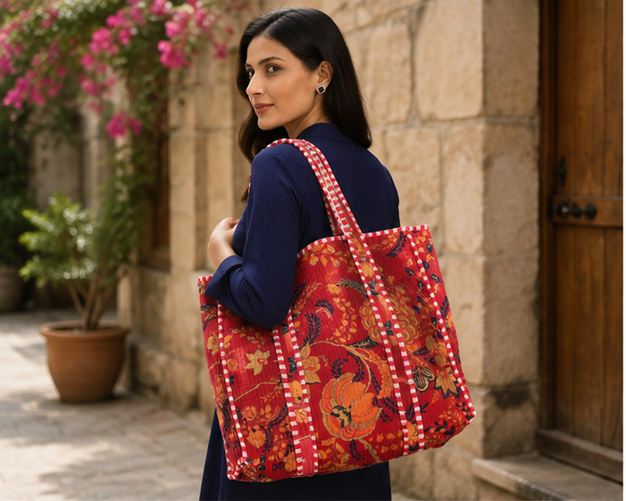 Handmade Quilted Tote Bag | 100% Cotton, Reversible, Beach & Grocery Red Bag