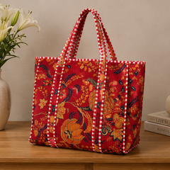 Handmade Quilted Tote Bag | 100% Cotton, Reversible, Beach & Grocery Red Bag