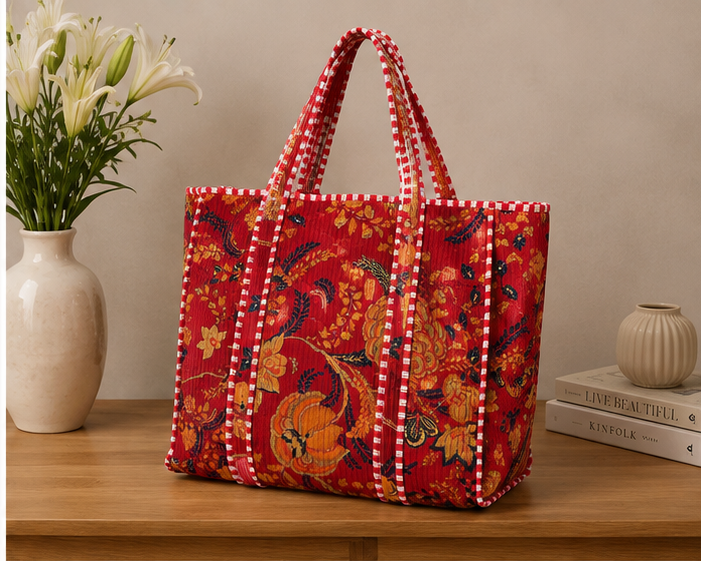Handmade Quilted Tote Bag | 100% Cotton, Reversible, Beach & Grocery Red Bag