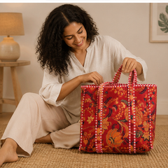 Handmade Quilted Tote Bag | 100% Cotton, Reversible, Beach & Grocery Red Bag