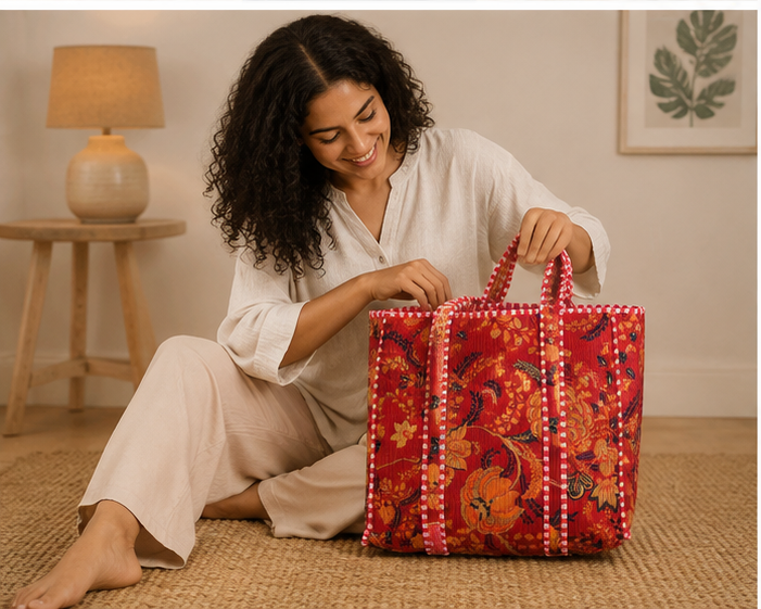 Handmade Quilted Tote Bag | 100% Cotton, Reversible, Beach & Grocery Red Bag
