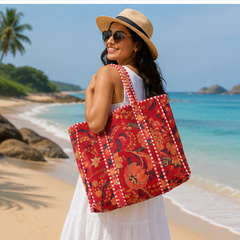 Handmade Quilted Tote Bag | 100% Cotton, Reversible, Beach & Grocery Red Bag