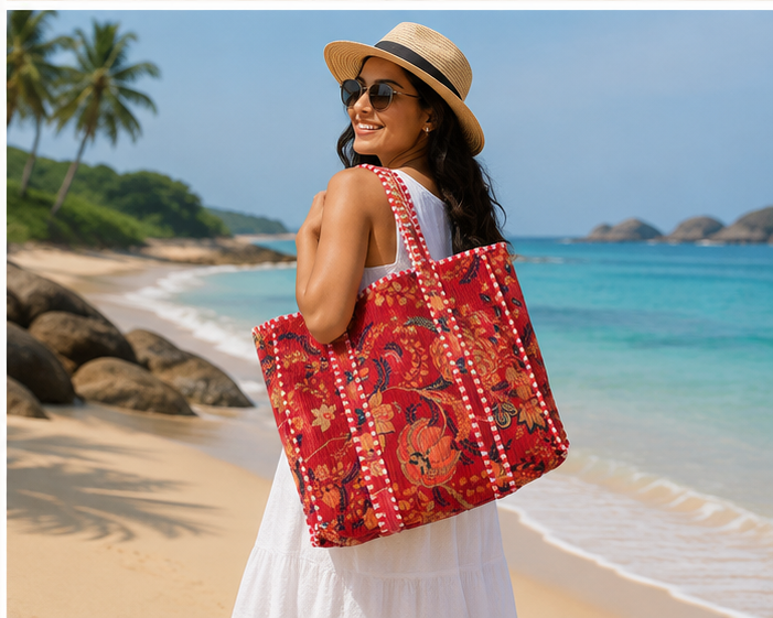 Handmade Quilted Tote Bag | 100% Cotton, Reversible, Beach & Grocery Red Bag