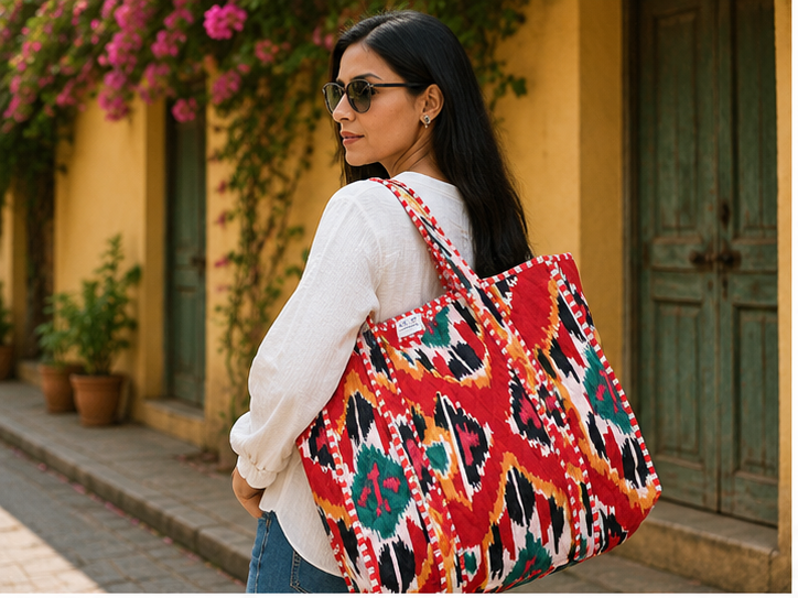 Cotton Tote Bag for Women | Quilted, Reversible & Handmade Beach Red Tote