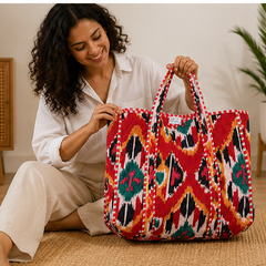 Cotton Tote Bag for Women | Quilted, Reversible & Handmade Beach Red Tote
