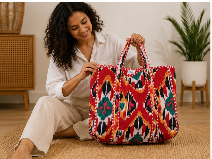 Cotton Tote Bag for Women | Quilted, Reversible & Handmade Beach Red Tote