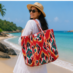 Cotton Tote Bag for Women | Quilted, Reversible & Handmade Beach Red Tote