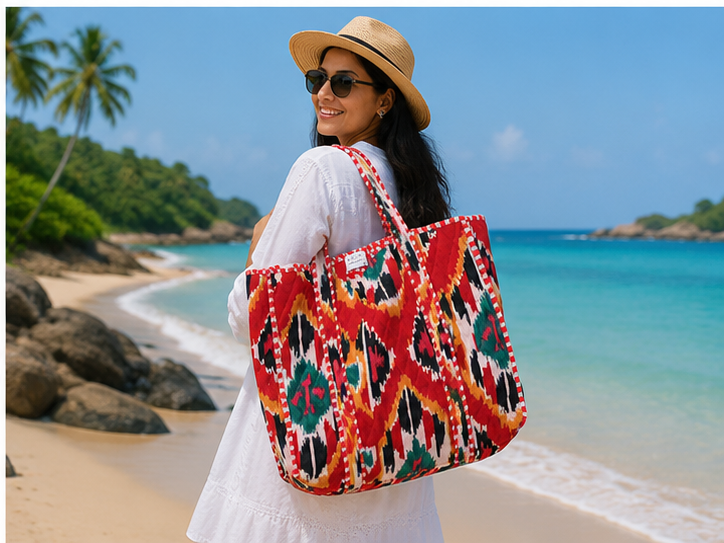 Cotton Tote Bag for Women | Quilted, Reversible & Handmade Beach Red Tote