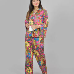 100% Pure Cotton Frida Print Pajama Set Soft Pink Cotton Pants & Shirt Set for Women