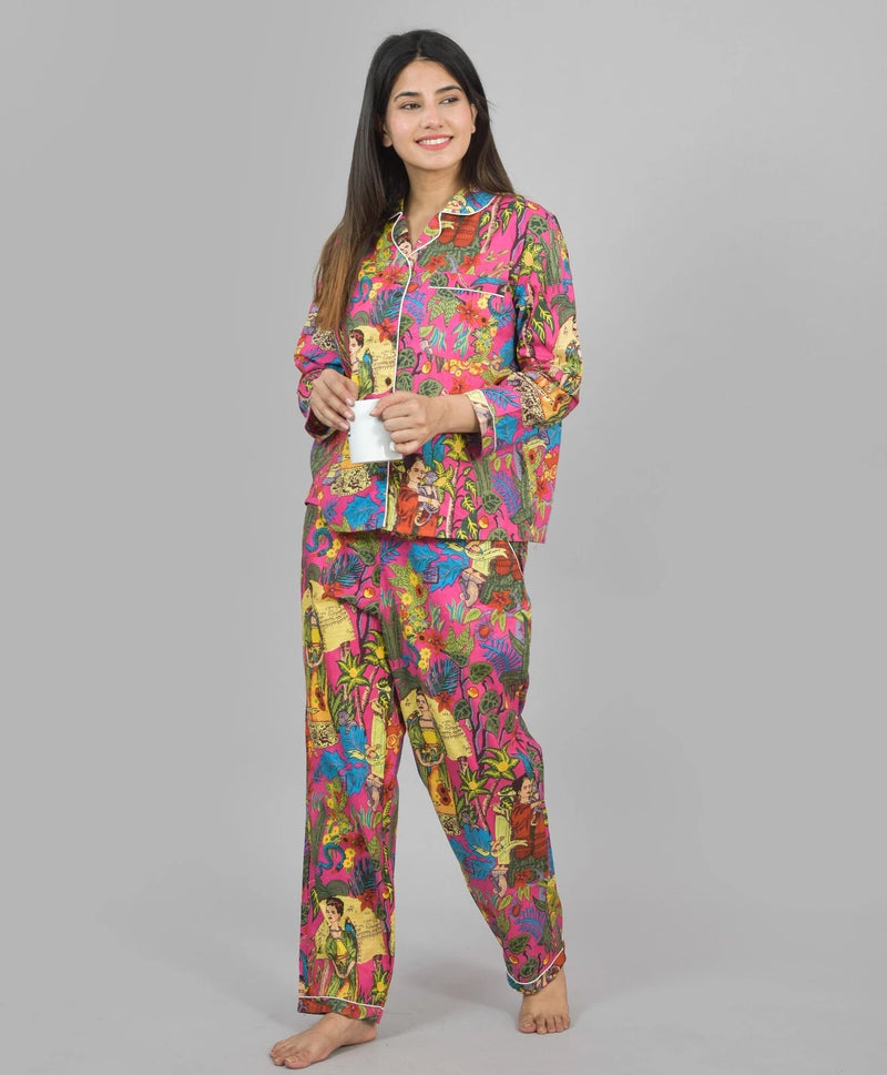 100% Pure Cotton Frida Print Pajama Set Soft Pink Cotton Pants & Shirt Set for Women