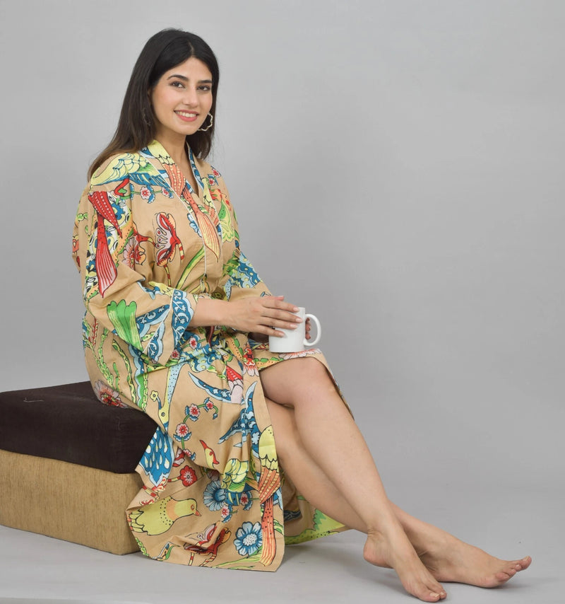 100% Cotton Floral & Bird Print Kimono Robe | Hand Printed Cotton Dressing Gown
