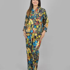 100% Pure Cotton Frida Print Pajama Set - Soft Blue Cotton Pants & Shirt Set for Women