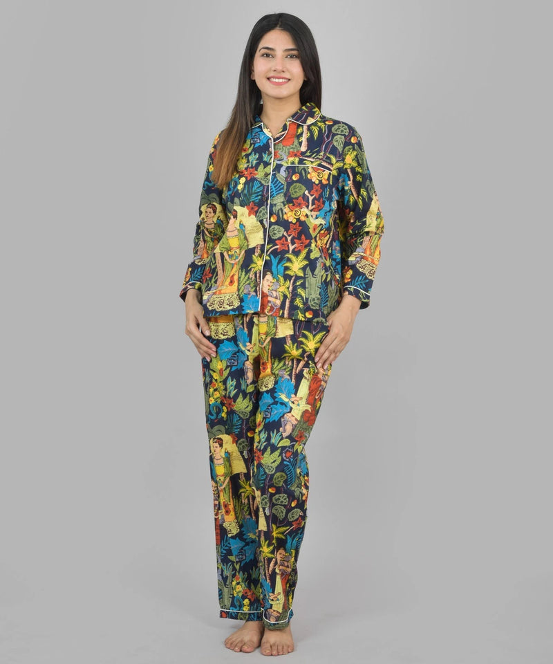 100% Pure Cotton Frida Print Pajama Set - Soft Blue Cotton Pants & Shirt Set for Women