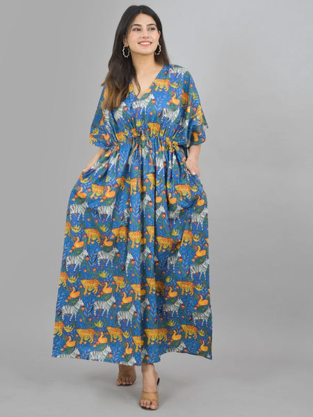 Blue Zebra & Tiger Print Cotton Kaftan Set - 100% Pure Cotton Loungewear, Boho Maxi Dress for Women