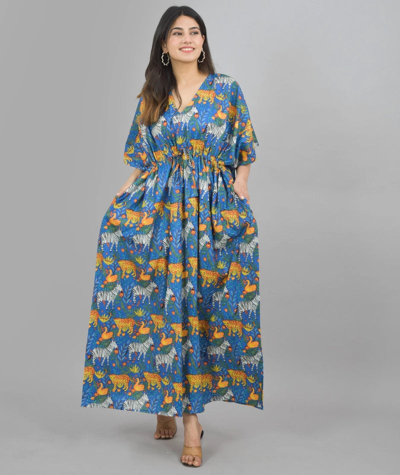 Blue Zebra & Tiger Print Cotton Kaftan Set - 100% Pure Cotton Loungewear, Boho Maxi Dress for Women