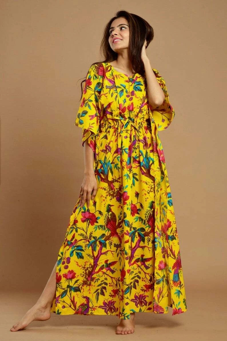 Yellow Bird Print Indian Cotton Kaftan - Long Maxi Dress, 100% Soft Cotton Beach Cover Up & Loungewear